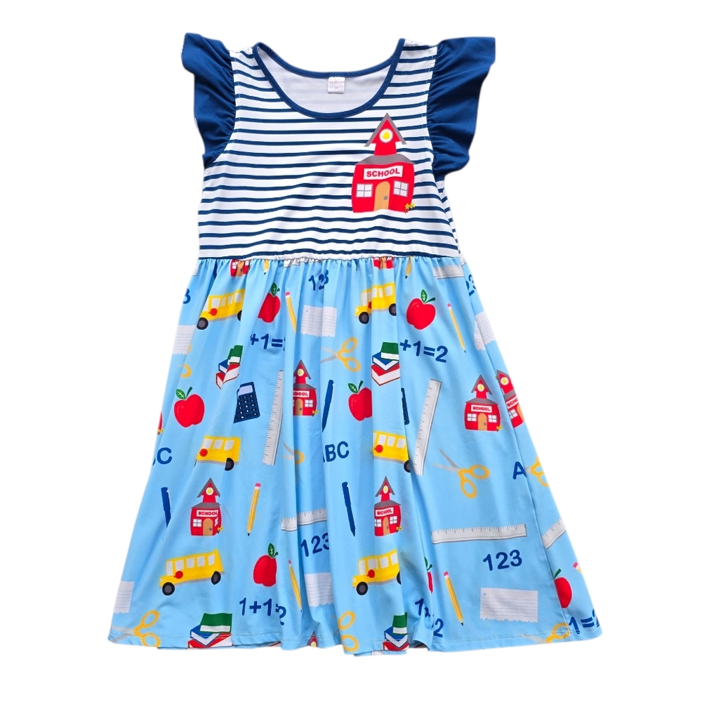 Penelope Plumm Kids Dress Twirl Blue Striped School Print Angel Sleeve Size 12